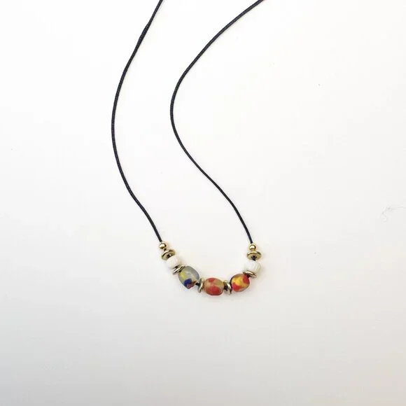 Recycled Glass Bead Necklace Ghana Satin Cord Colourful Minimalist Boho - Picture 6 of 9